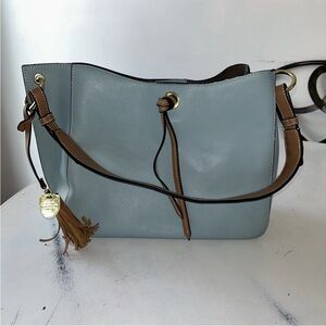 London Fog Bolsa Shoulder Handbag Purse Light Blue & Brown 10”Hx11”Lx5.75”D